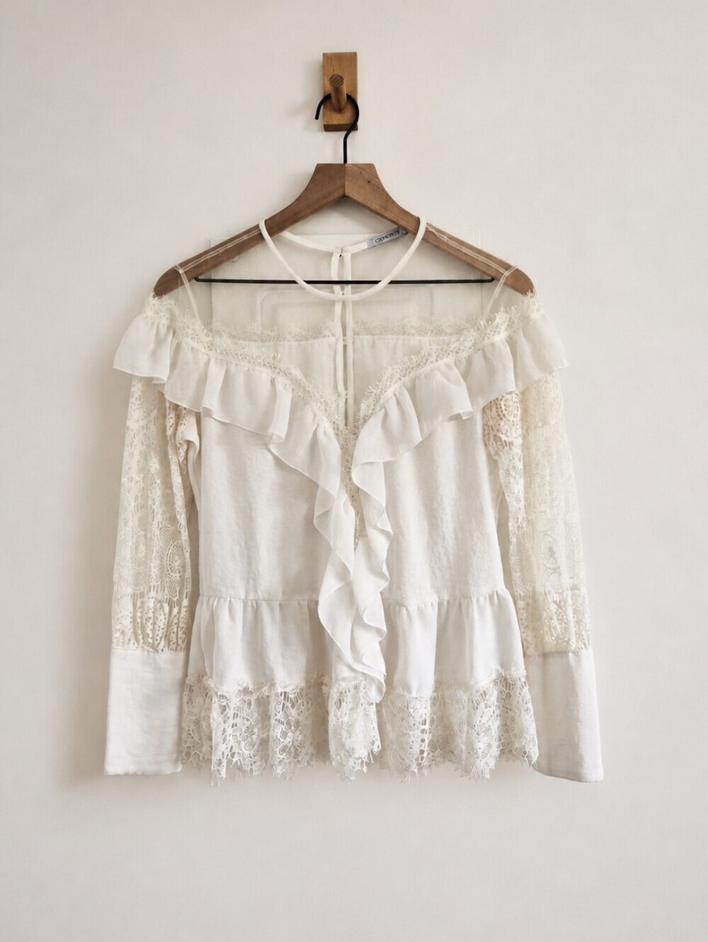 Corporeum Boho Ivory Lace Sheer Victorian Peplum Blouse Size 38